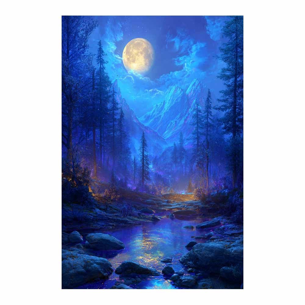 HUYEEI Canvas Print Wall Art Moonlit Mountain Modern Nature Landscape Poster, for living room, bedroom,Corridor Office Room Decoretc.(blue)-70x100cm Unframed