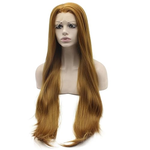 Miniatura 2 de Mxangel - Peluca de cabello sintético de fibra natural de 30 pulgadas de largo, lacio, medio atado a mano, rubio dorado, peluca sintética con encaje