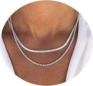 Tasiso 18K Gold Plated Herringbone Choker Necklaces Double Layered Snake Chain Necklace Trible Layering Figaro Paper Clip ...