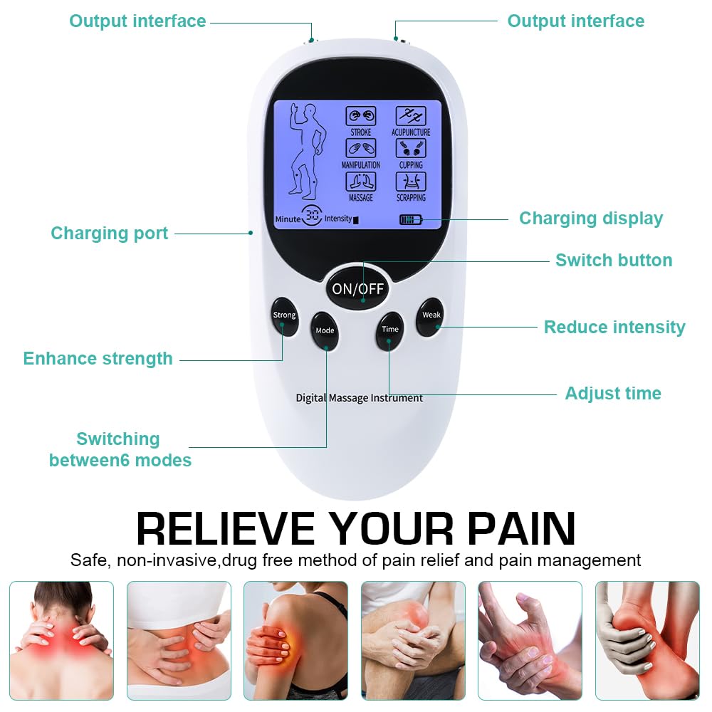 TENS Electroestimulador Muscular, Estimulador Muscular de Doble Canal, Electroestimulador TENS con 6 Modos y 8 Electrodos, TENS EMS Maquina Corrientes Fisioterapia para el Alivio del Dolor