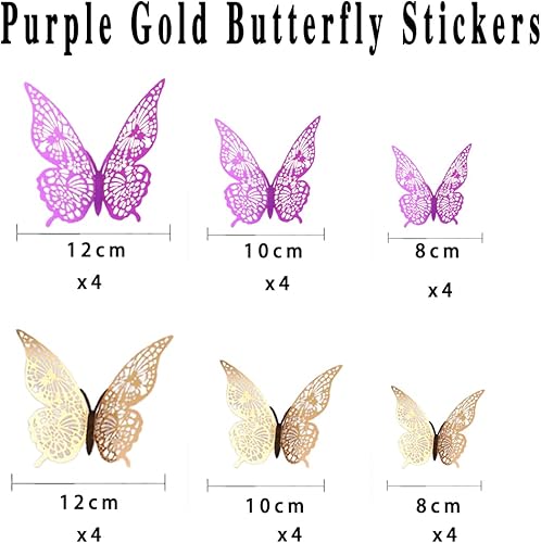 Miniatura 2 de Adhesivos de pared de mariposa de oro morado 3D, 24 calcomanías de pared de mariposa de 3 tamaños, adhesivo de pared dorado metálico extraíble,