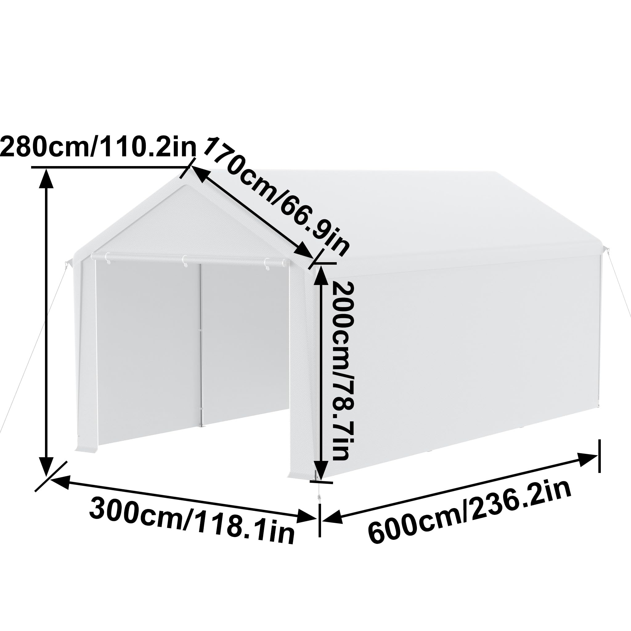 LZQ Tente de garage, 3 x 6 m, avec bâche en polyéthylène, renforcement du toit, parois latérales amovibles, cadre de sol, abri robuste pour voiture, SUV, camion (blanc)