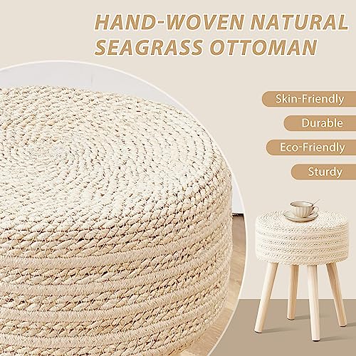 Cpintltr Outdoor Wicker Ottoman Hand-Woven Footrest Stool Round Patio Footstool with Solid Wood Legs Mutifunctional Seat Pouf Ottomans for Living Room Garden Lawn Beige