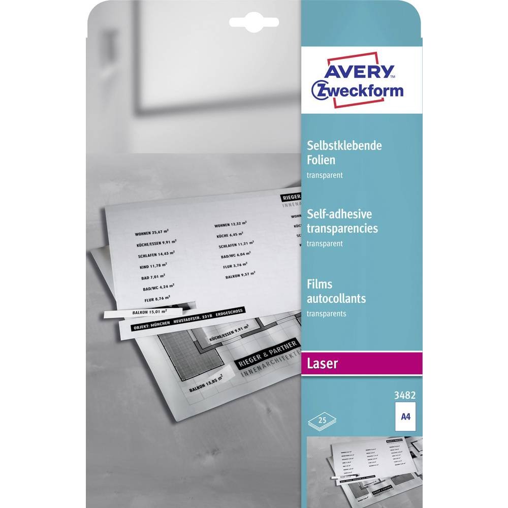 AVERY Zweckform 3482 Transparente Folien für Laserdrucker und Kopierer (25 Blätter, A4, 0,14 mm, matt)