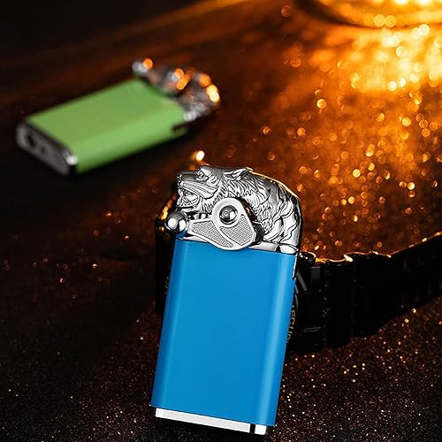 Miniatura 9 de Encendedor de doble llama, diseño de cabeza de tigre fresco, diseño creativo de balancín, doble fuego, rellenable, resistente al viento, encendedor