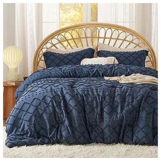Bedsure Full Comforter Set - Navy Blue Comforter, Boho Tufted Shabby Chic Bedding for Kids, 3 Pieces Vintage Farmhouse Bed Set for All Seasons, Fluffy Soft Bedding with 2 Pillow Shams