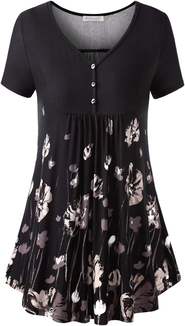 BAISHENGGTWomen's Tunic Tops for Leggings Summer Short Sleeve V Neck Button Casual Blouses Flowy T Shirtirt