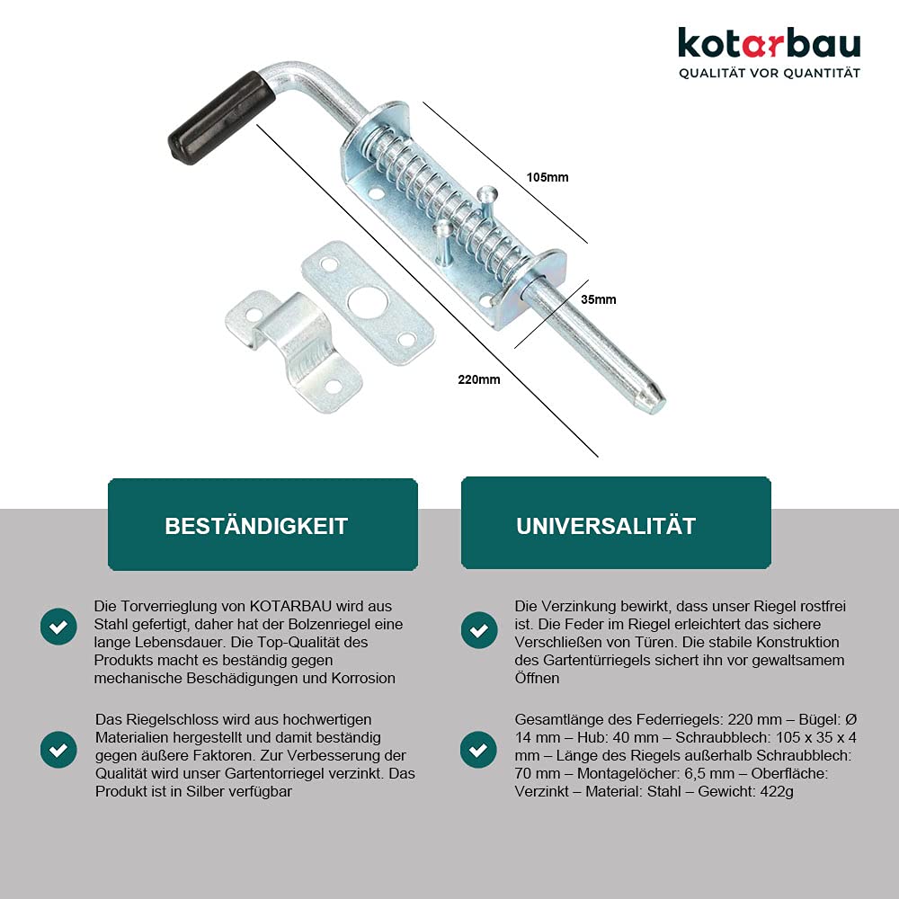 KOTARBAU® Zasuwa bramowa - 220 MM - Rygiel sprężynowy - Zamknięcie do Garażu - Blokada Bramy - Gumowy Uchwyt