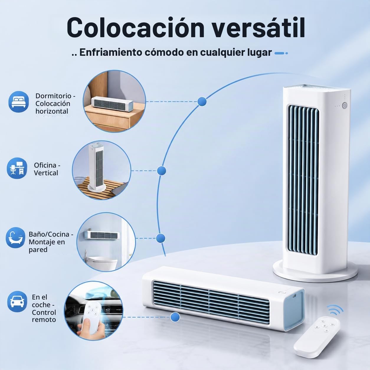 Aire acondicionado portátil con control remoto inalámbrico, 3 velocidades, salida de aire larga para habitación, dormitorio, oficina