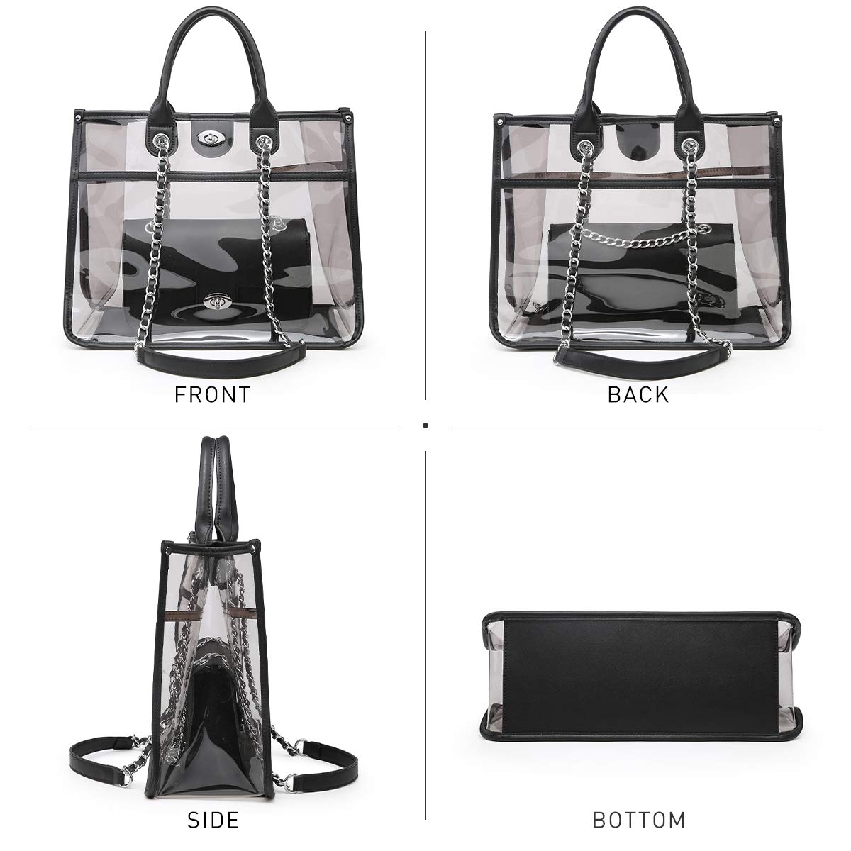 Bolsa grande transparente aprobada para estadios, bolsa transparente para eventos de estadio, bolsa cruzada 2 en 1 para trabajo de hombro, Negro -, L 6