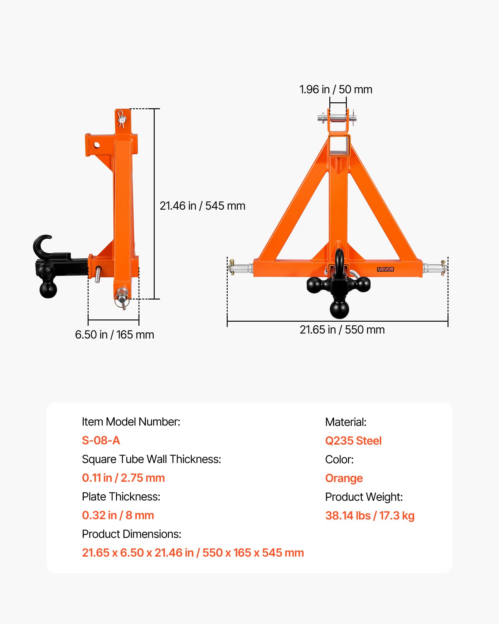 VEVOR Enganche de Remolque de 3 Puntos, Boca de 508 mm, Adaptador de Acoplamiento con Gancho y Bolas de Remolque, para Tractores de Categoría 1 Kubota Mahindra Ford Yanmar John Deere Massey Ferguson