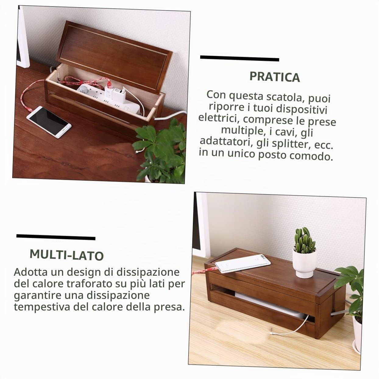 Scatola per Cavi Organizer Legno Marrone Caffè 1 Pezzo | Paulownia , Design Struttura Traforata Multifunzionale per Dissipazione del Calore , Ordine per Cavi e Adattatori