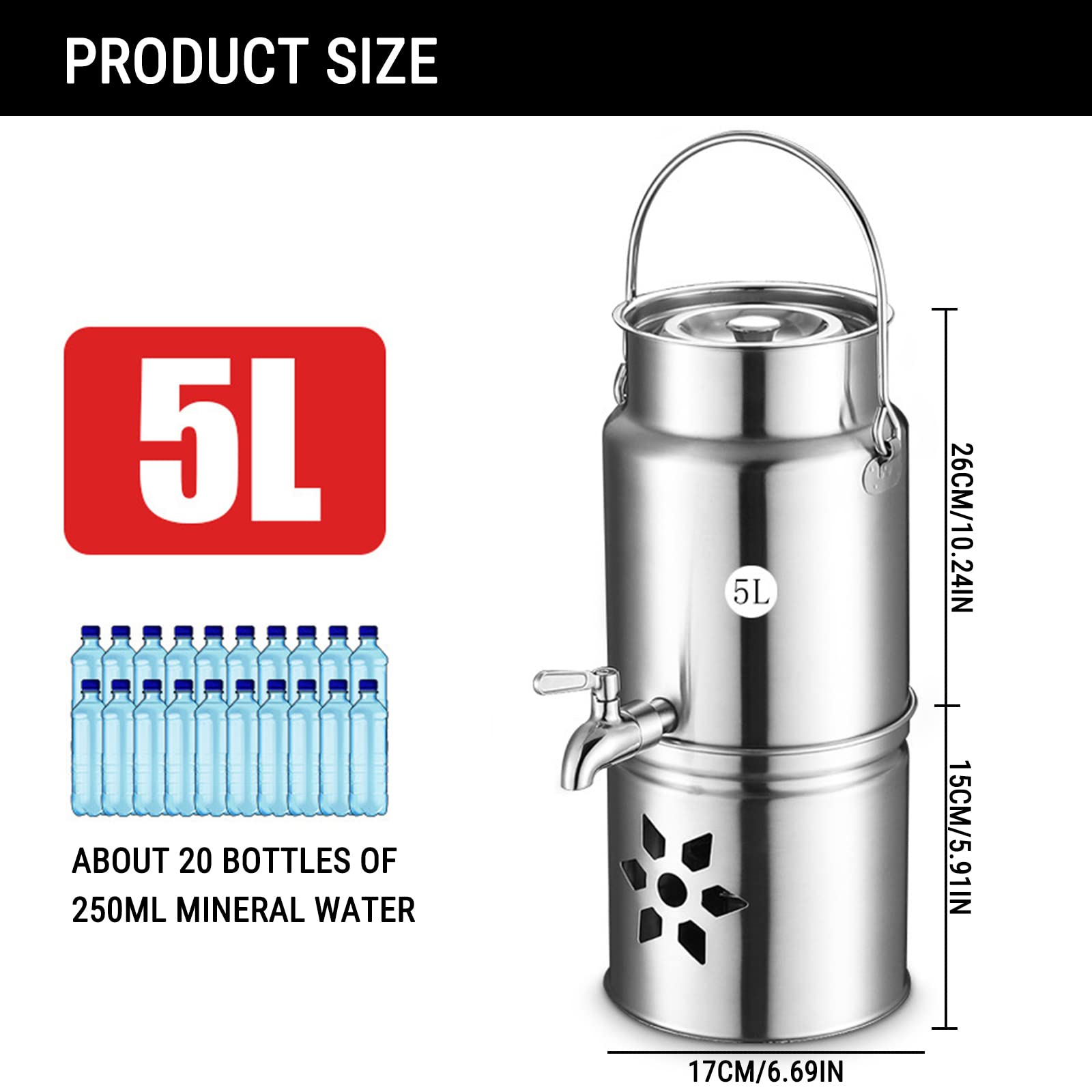 AIZYR Lata De Leche De Acero Inoxidable 304 - Calentador De Bote De Leche con Grifo, Base para Bandeja De Combustible Y Manija para Buffet/Dispensador De Bebidas para Fiestas,5L