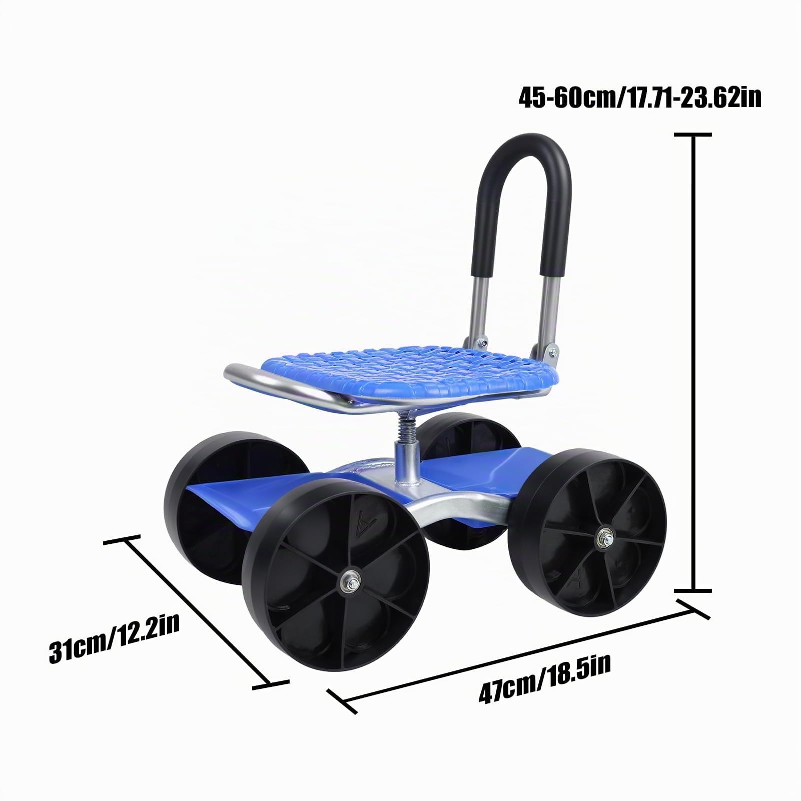 Siège de Travail Jardin Roulant avec roulettes – Tabouret Jardinage à Hauteur réglable pour Plantation, Chariot pivotant 360° siège, Plateau Rangement Outils, Chaise extérieur, Patio et Bleu