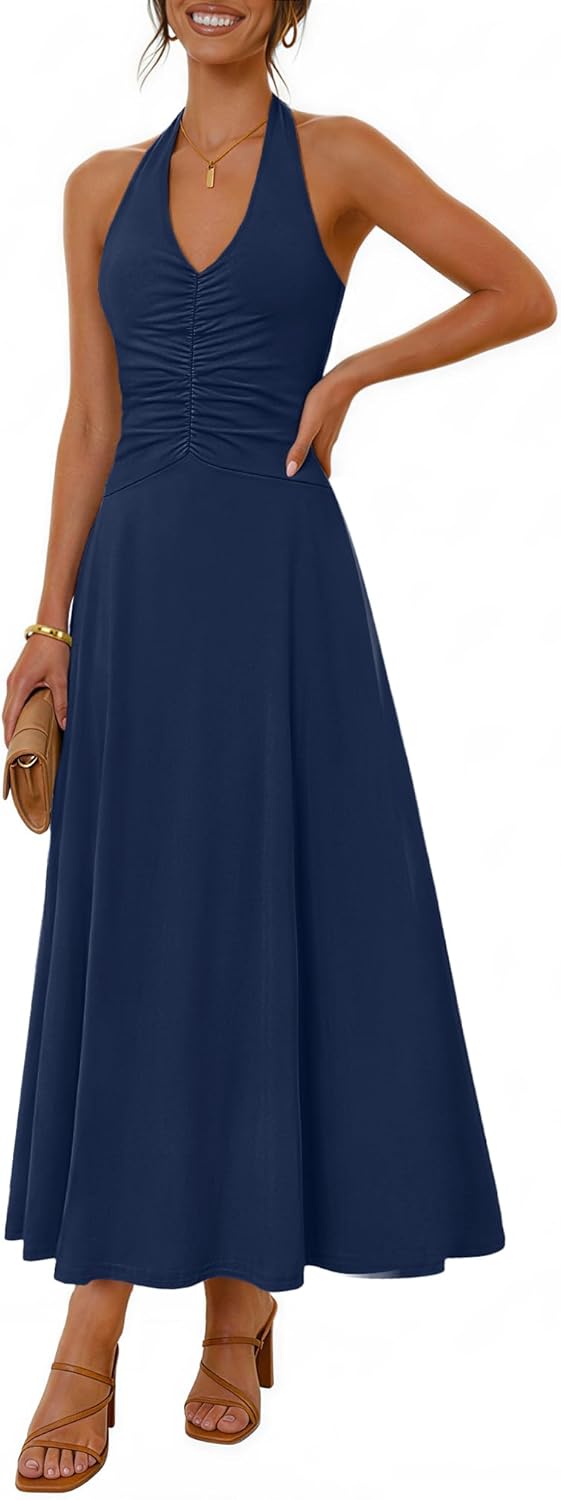 MEROKEETY Women's Formal Halter Maxi Dress 2026 Summer Backless Sleeveless V Neck Ruched Cocktail Wedding Guest Dresses