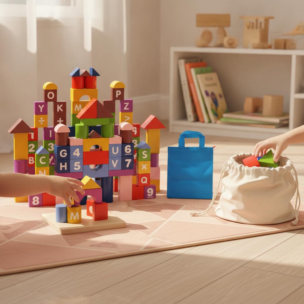 Blocs Construction Bois, Jouet Éducatif , 108 pièces, emballage individuel