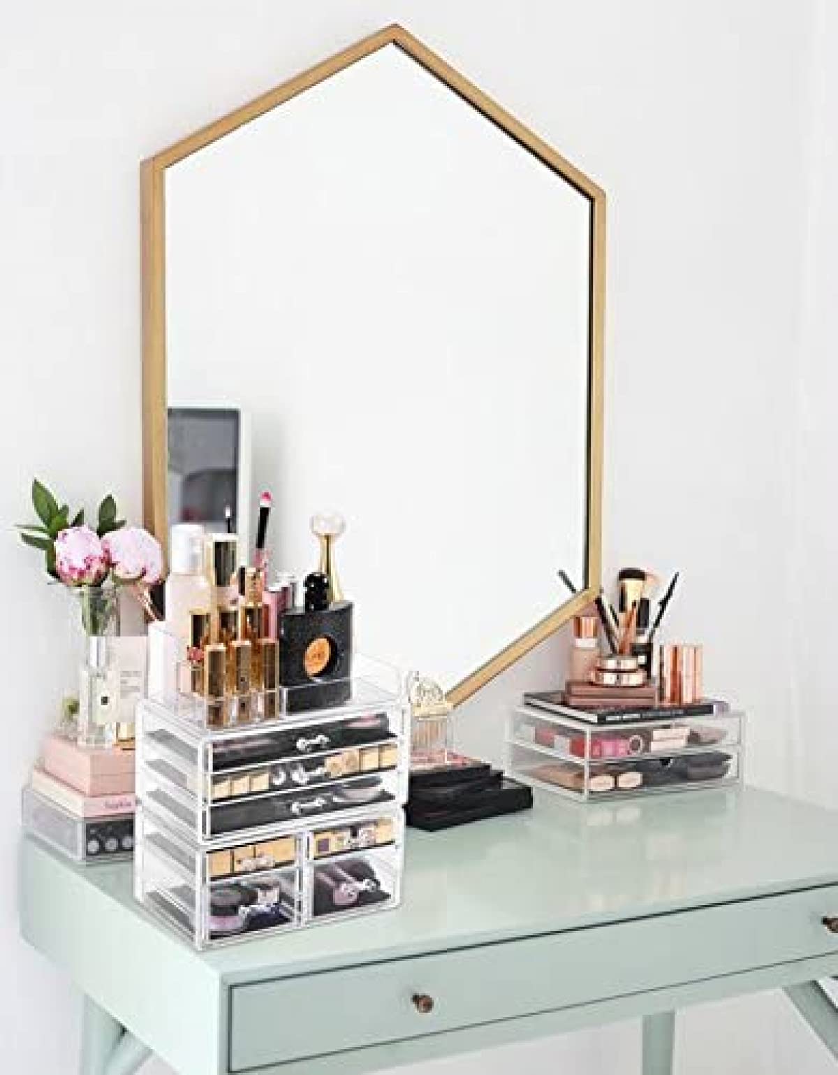 BERTY·PUYI Organizador De Maquillaje Acrílico Cajas De Almacenamiento De Cosméticos con 3 Divisores Extraíbles Organizador De Cosméticos Cajones para Lápiz Labial, Pinceles, Joyería Y Base