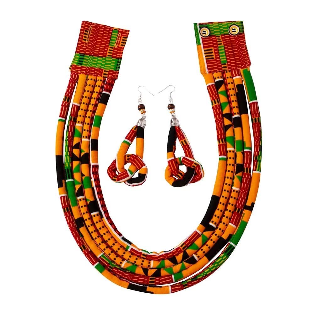 BintaRealWax African Necklace Earrings Set Ankara Fabric Print Multilayer Woven Rope Choker Layered Strand Collar