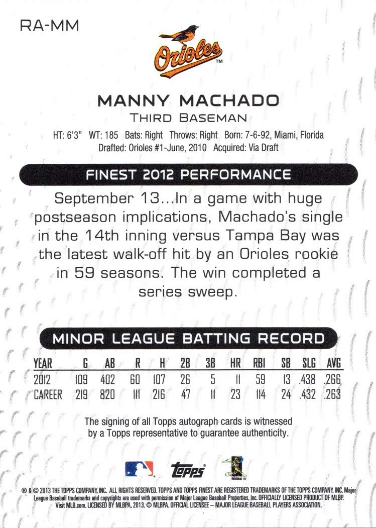 2013 Topps Finest Refractor Baseball #RA-MM Manny Machado
