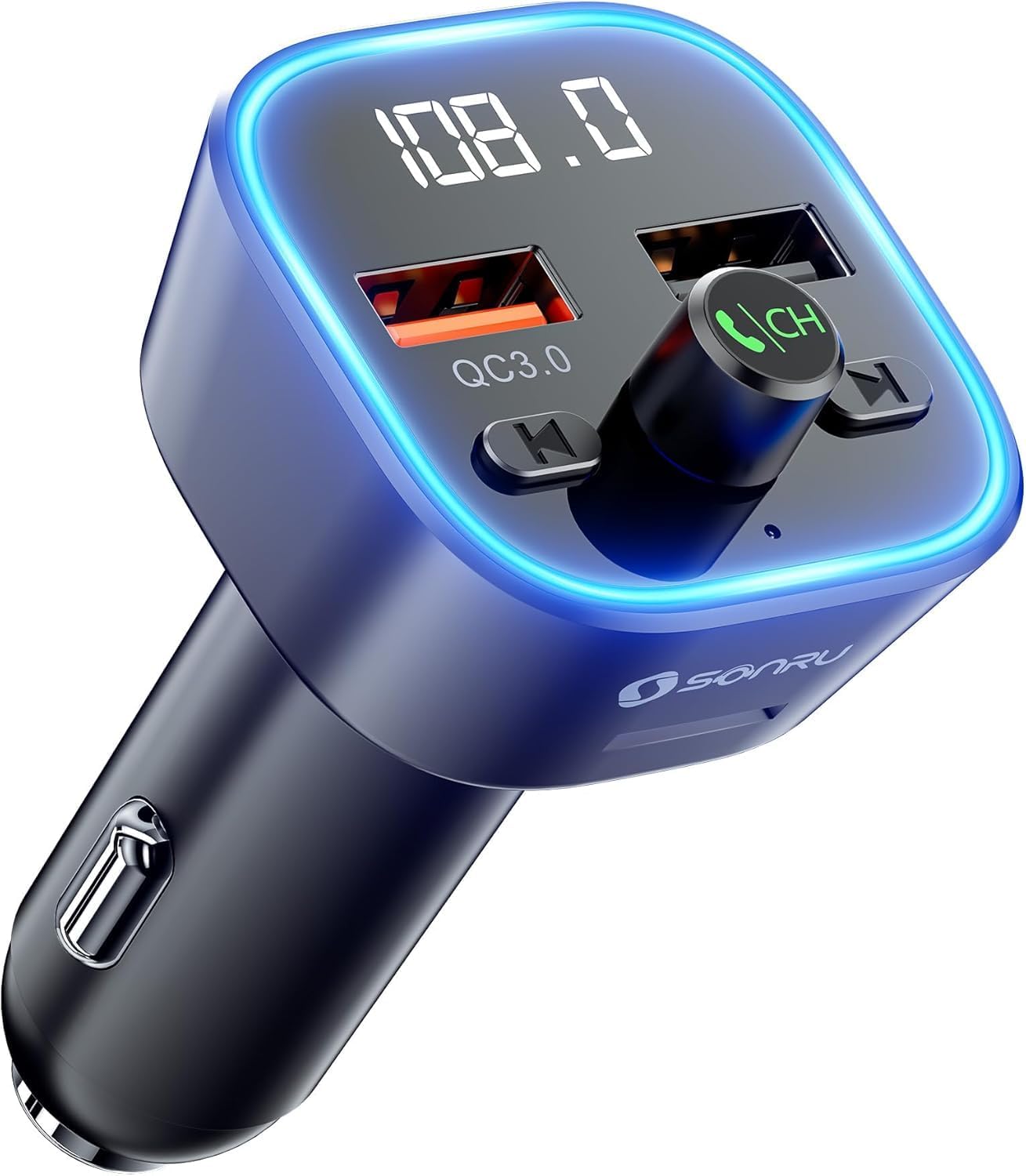 SONRU Bluetooth 5.3 FM Transmitter, Wireless Radio Adapter, Audio Receiver Car Charger, Wireless FM Radio Transmitter, Hands-Free Calling and 2 USB Ports Charger, HiFi Treble & Bass Player (Black)