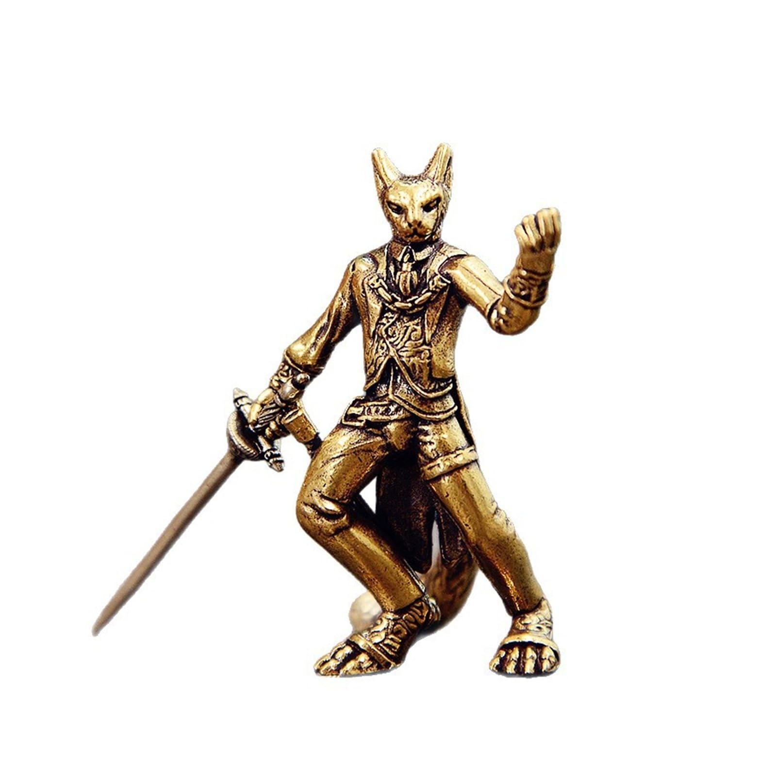 Huolimxun Solid Brass Statue of Cat with Sword, Samurai Cat Desktop Tea Pet Ornament, Creative Home Crafts