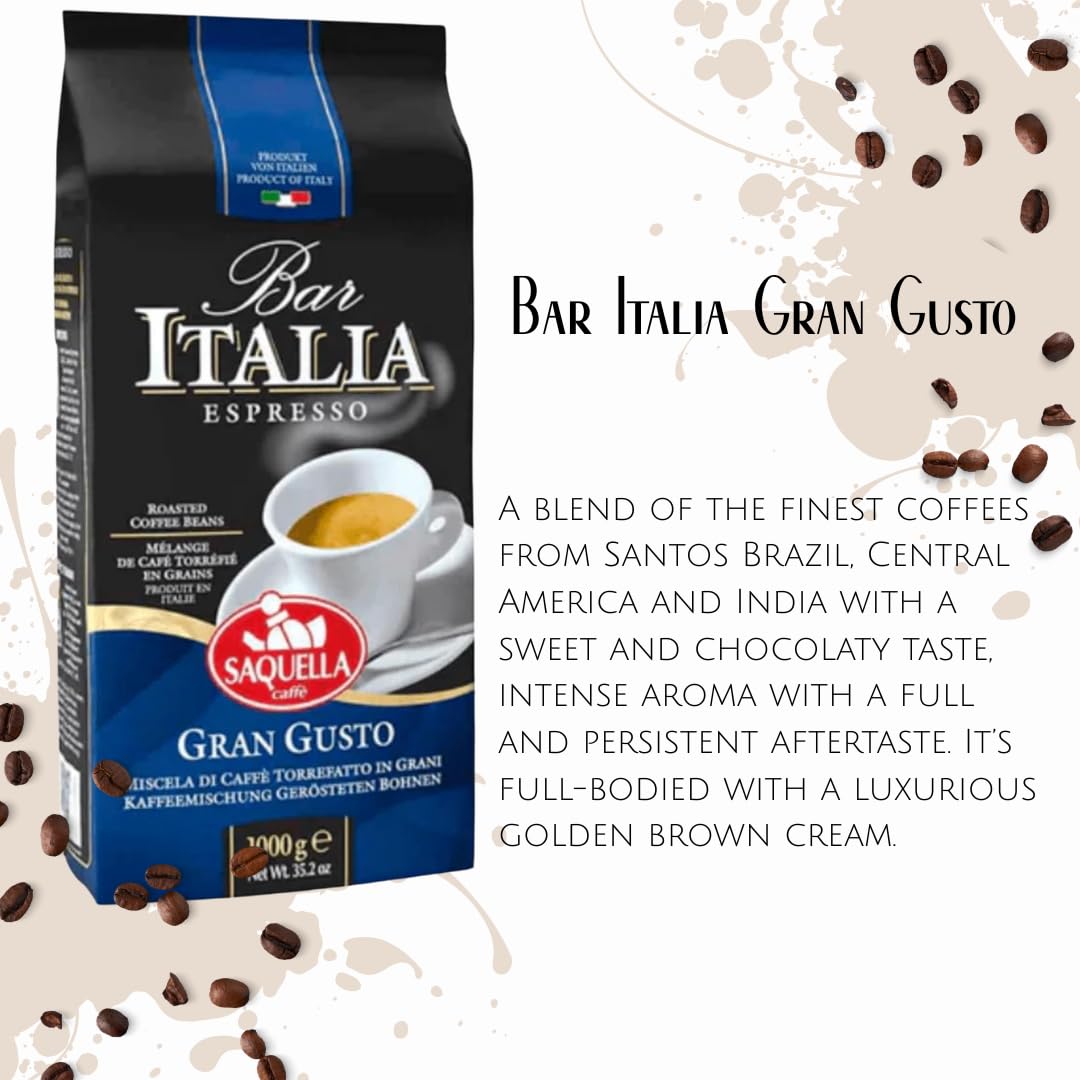 Saquella Kaffee Bar Italia Gran Gusto Espresso Coffee Beans, 1kg (2.2 lb) | Authentic Italian Espresso | Full-Bodied Aroma & Smooth Crema | Perfect for Espresso Machines