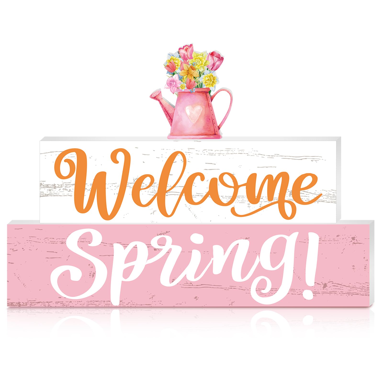 Photo 1 of Marsui 4 Pcs Spring and Easter Decorations Reversible Spring Wooden Signs Double Sided Rustic Welcome Spring Table Centerpieces Easter Tiered Tray Decor Bunny Wood Block for Home Tabletop Shelf Decor