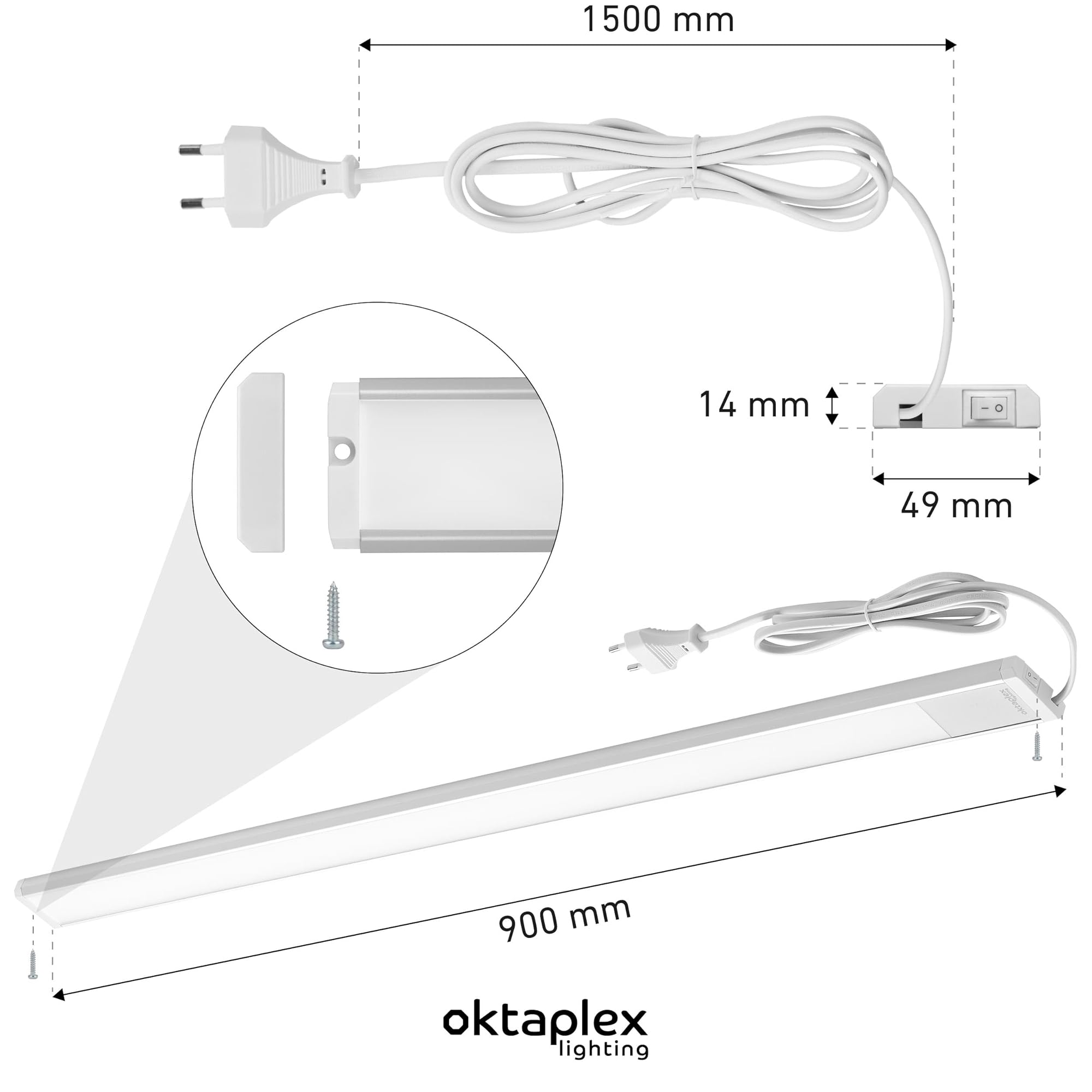 Oktaplex Riva Plat LED Éclairage Sous Plan Cuisine 1110lm Blanc Chaud 90cm Argenté Avec Interrupteur 15W 230V