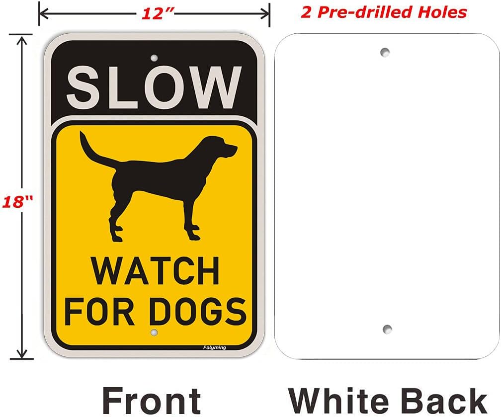 2 Pack Slow Watch For Dogs Sign Slow Down Dogs At Play Safety Signs 18 x 12" Metal Reflective Rust Aluminum Weatherproof UV Protected Easy Mounting Indoor Outdoor Use