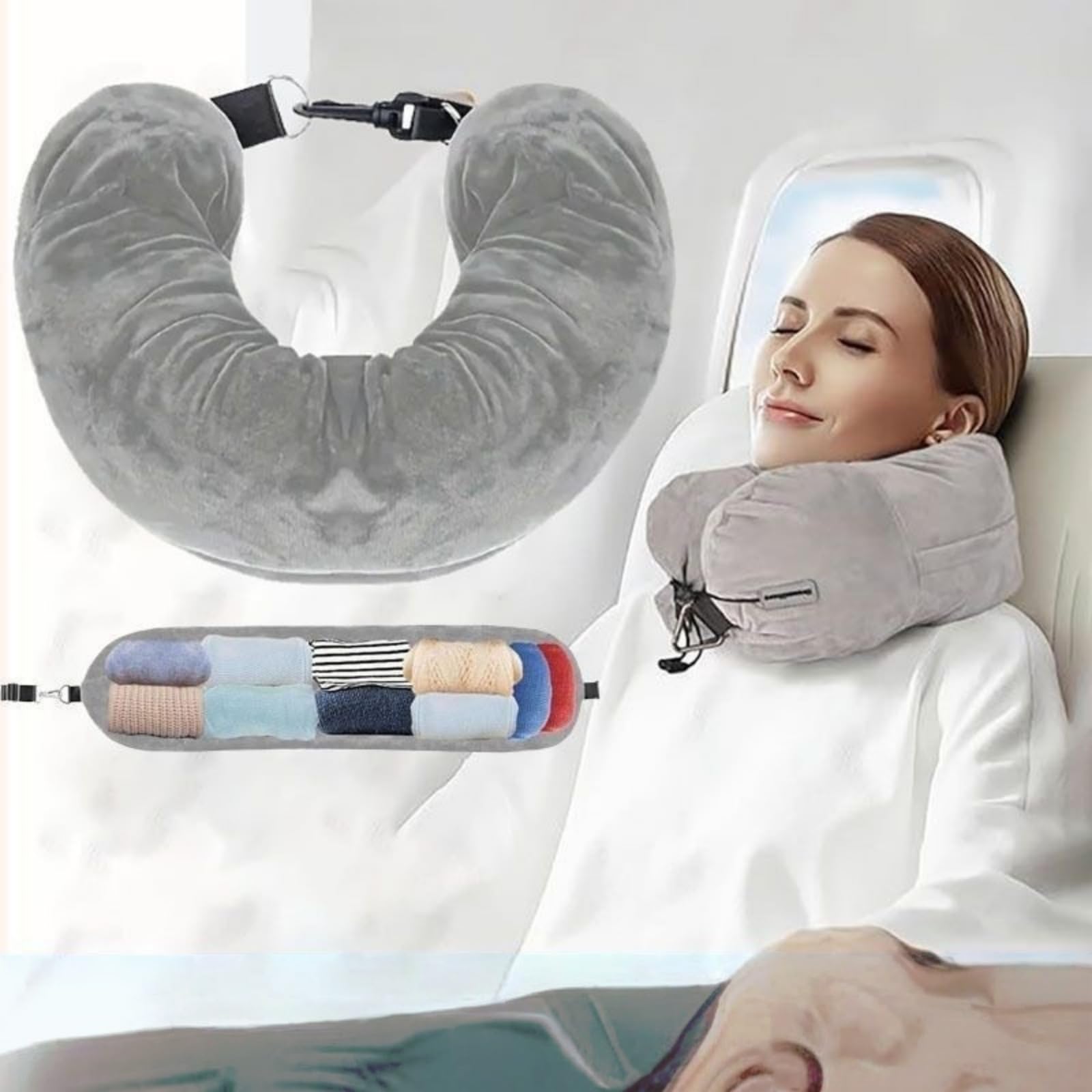 Adjustable Travel Neck Pillow with Extra Luggage Storage, Large Zipper Compartment, for Airplane, Car, Train Travel (Gray)
