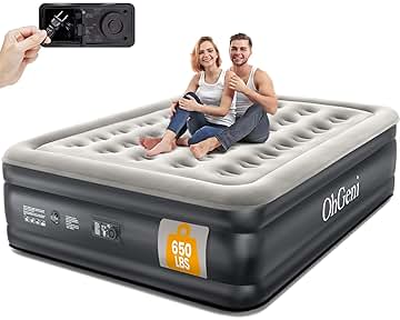 OhGeni Air Mattress Queen with Built in Pump, Inflatable Blow Up Mattress 18 Raised Comfort,Upgraded Surface Portable Mattress, Air Bed for Camping, Home and Guest, Colchone Inflable, 650 lbs Max