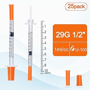 U-100 Syringes with Needle,1ml syringe 29G 1/2"(12.7mm), Individually Wrapped, Pack of 25