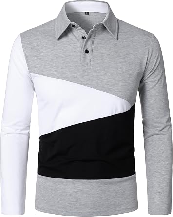 HOOD CREW Mens Casual Long Sleeve Polo Shirts Fashion Contrast Color Design Collared Shirt