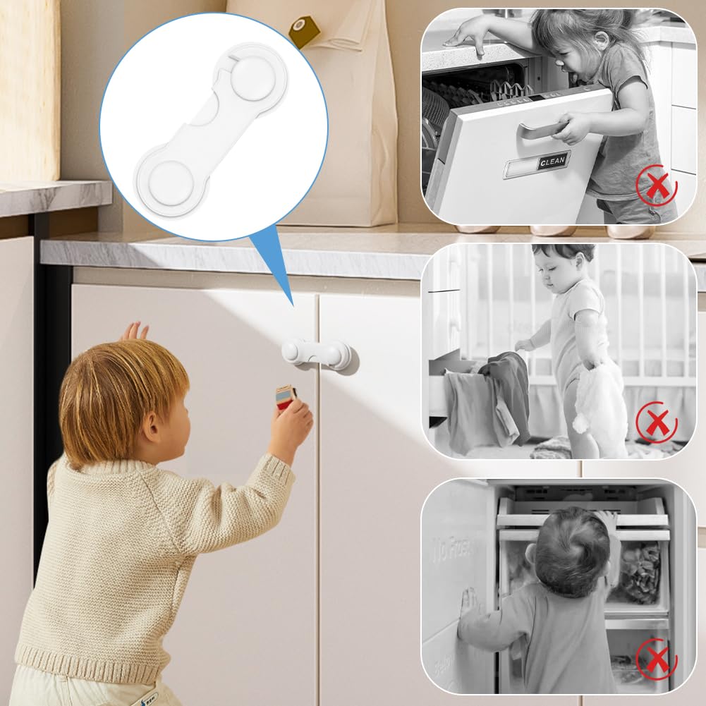Securite Placard Enfant, 12 Pièces Bloque Porte BéBé Bloque Tiroir Securite pour FenêTre RéFrigéRateur Meubles Cuisine avec Adhésif Aucun Perçage Requis, B-Blanc