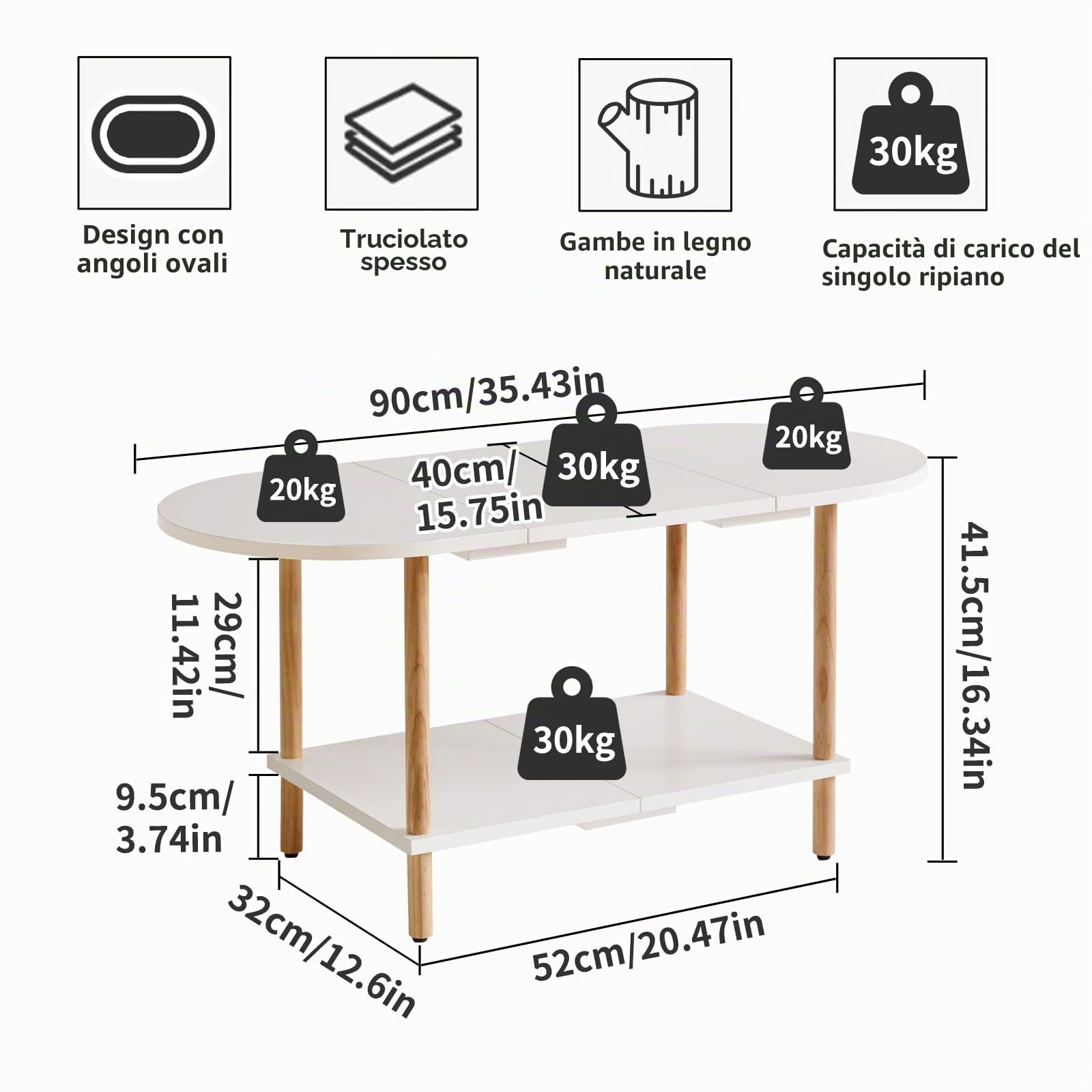 Aibiju Tavolino Ovale Bianco, Tavolino in Legno Piccolo per Piccoli Spazi, Design di Giuntura 35 * 16 * 17 Pollici, Tavolo Centrale a 2 livelli per Soggiorno Bianco YD-011W