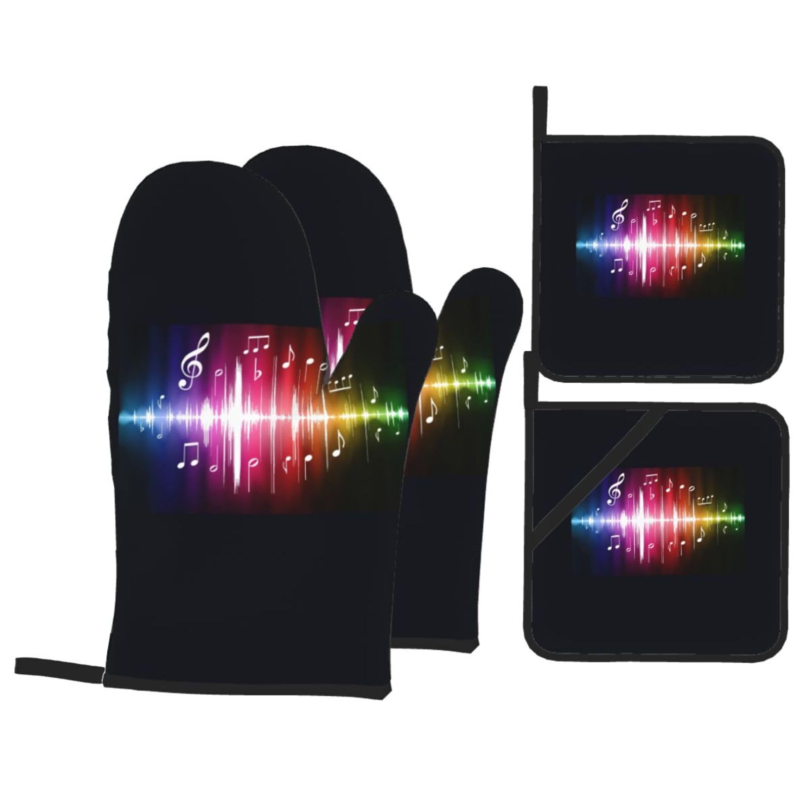 Musics Print 4-Piece Oven Microwaving Set Waterproof Kitchen Gloves for Baking Grilling Cooking