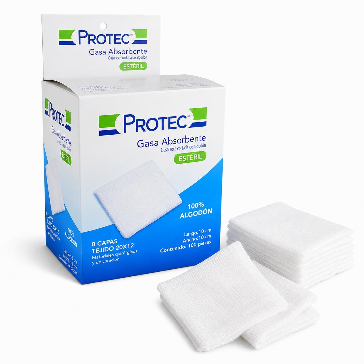 Gasa absorbente estéril 10x10 cm, paquetes individuales, 100 sobres, para heridas, curaciones (10x10c100)