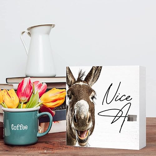 Miniatura 5 de SJNH Letrero Gracioso de Burro de Madera para Baño, Pequeño Decorativo en Madera para Estante de Baño, Bonito Signo de "Nice Ass" en Caja de Madera