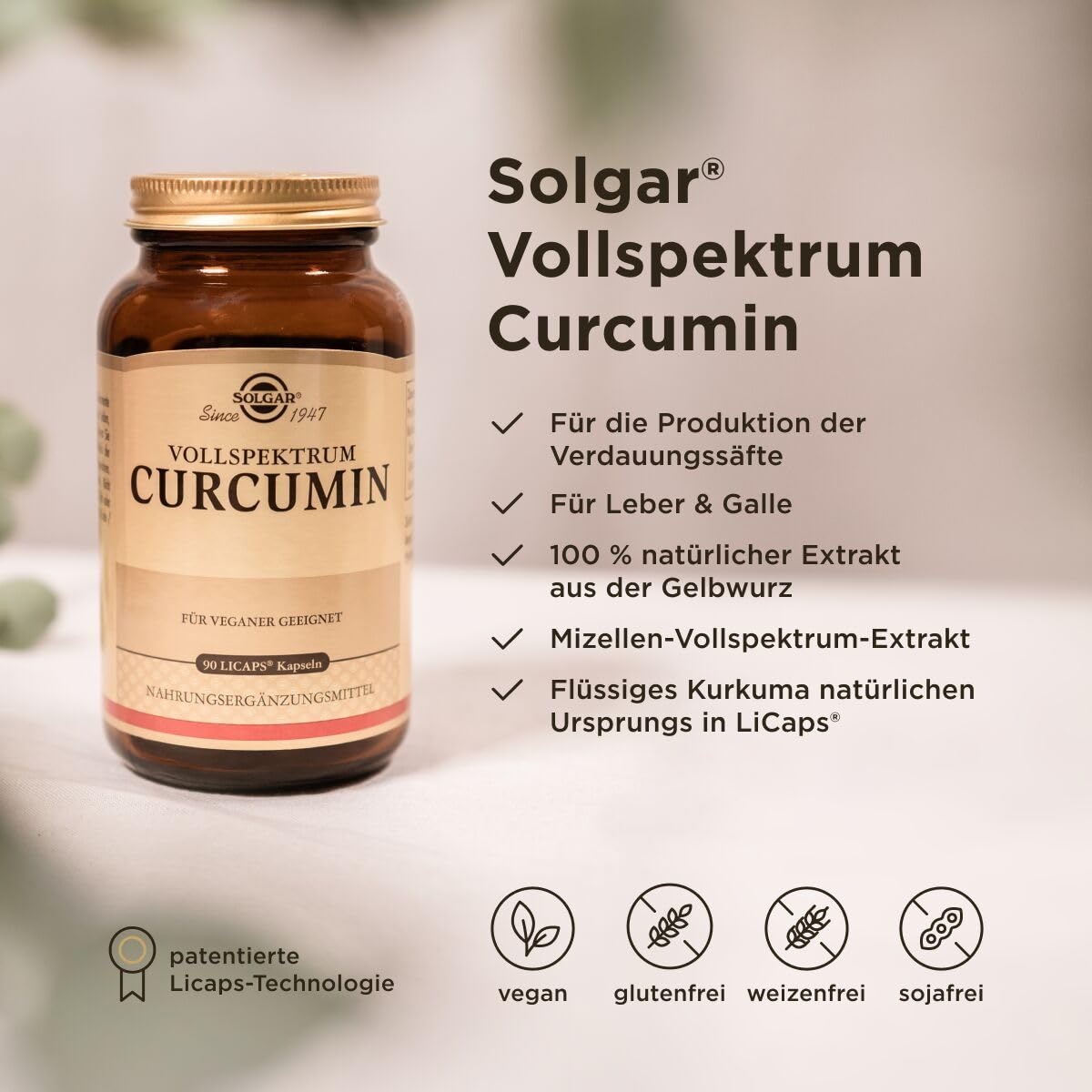 SOLGAR® Vollspektrum-Curcumin | 40mg Curcumin pro Kapsel | Patentiertes Verfahren für eine bis zu 185-fach höhere Bioverfügbarkeit | 100% natürlicher Ursprung | 90 Weichkapseln für 3 Monate