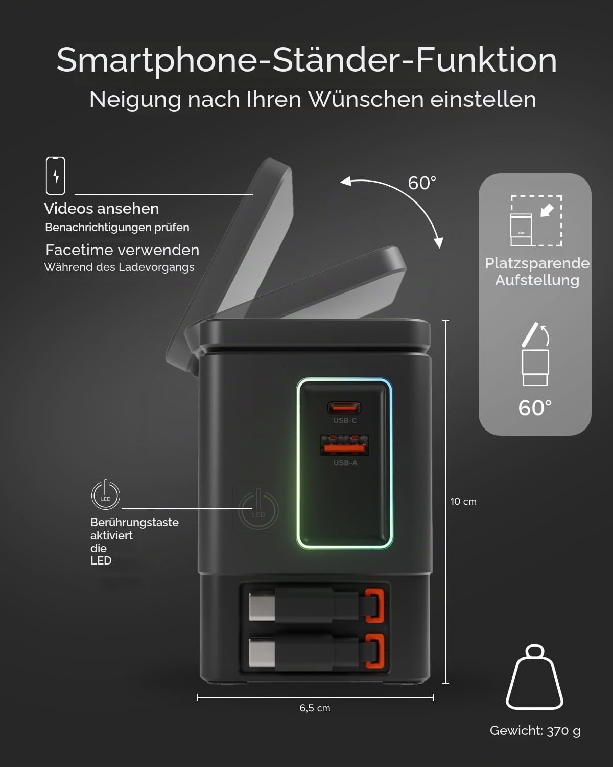 SBS Power Dock 6in1 100W USB-C, Kabelloses Laden 15W, MagSafe-kompatibel, Power Delivery (PD 3.0 PPS), Ladestation mit 2X Einziehbarem Kabel, Netzteil für Notebook, iPhone, AirPods, Schwarz | Power Delivery (PD 3.0 PPS), Ladestation mit 2 einziehbaren Kab