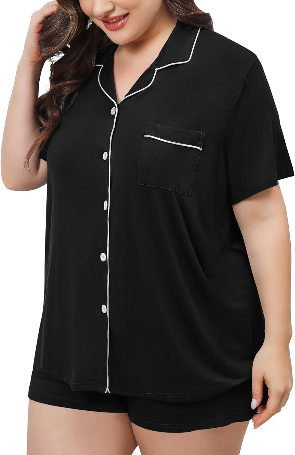 SWOMOG Women's Plus Size Pajamas Set Button Down Tops Short Sleeve Sleepwear Soft Pajama Shorts 2 Pcs Lounge Sets With Pocket - Image 4