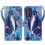 ZASE Samsung Galaxy A52 5G Wallet Phone Case for Women Pouch PU Leather Flip Folio Cute Design Cover w/Kickstand Card Slot Wrist Strap Compatible with Galaxy A52 5G (2021) (Blue Violet Butterfly)