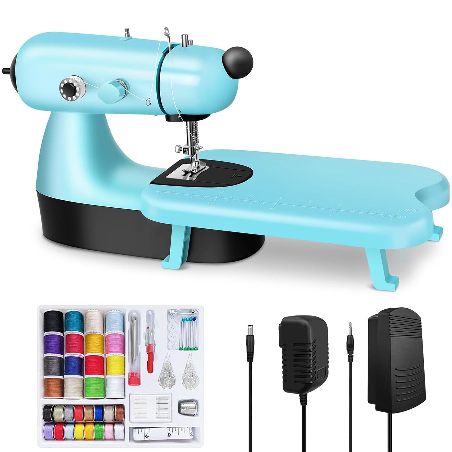 Mini máquina de coser eléctrica con mesa de extensión para manualidades | Cuenta con control de doble velocidad y pedal de pie. Cose hasta 6 capas de mezclilla. Perfecta para decoración