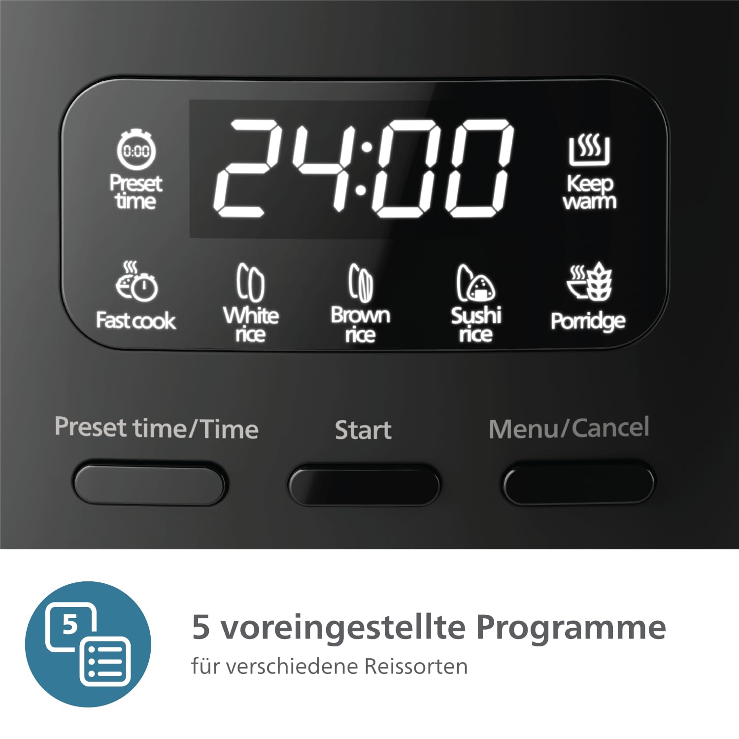 Philips Mini-Reiskocher 3000-Serie – 0,54 l, 5-lagige Bakuhanseki-Beschichtung, 30-Min.-Schnellkochmodus, 5 Kochfunktionen, Schwarz (HD3080/80)