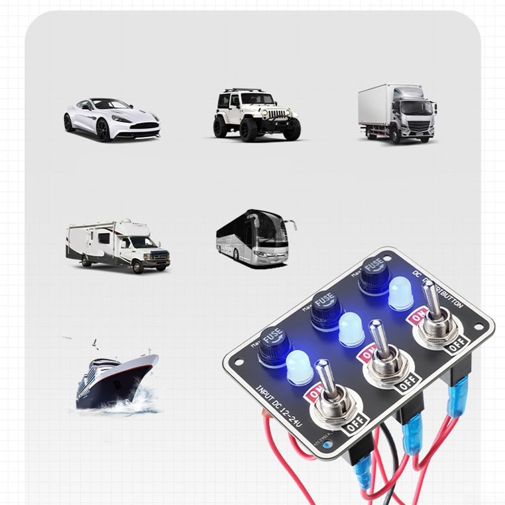 Pannello interruttore a bilanciere in metallo a 3 bande con scatola fusibili interruttore a LED per auto e barca, impermeabile IP66, 12-24 V CC, accessorio di controllo facile da usare