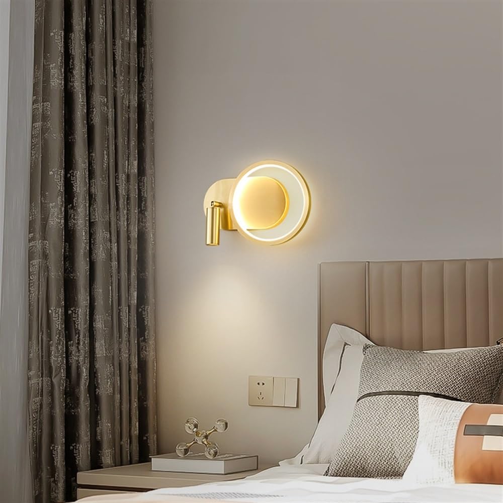 Kinkiet z lampką nocną do czytania, metalowe kinkiety z obrotowym reflektorem, nowoczesne ściemnialne lampy ścienne LED, oświetlenie sypialni, kinkiet 12 W, złoty,Gold