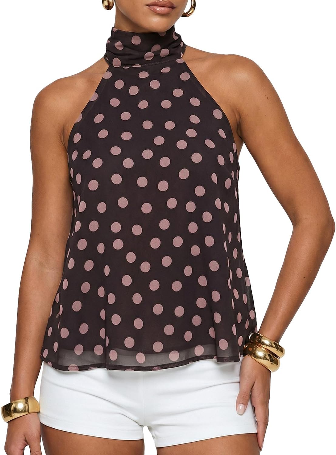 Women Cute Polka Dot Mesh Halter Tops Flowy Peplum Tank Sexy Open Back Y2K Tie Up Mock Neck Cami Shirt Casual Summer