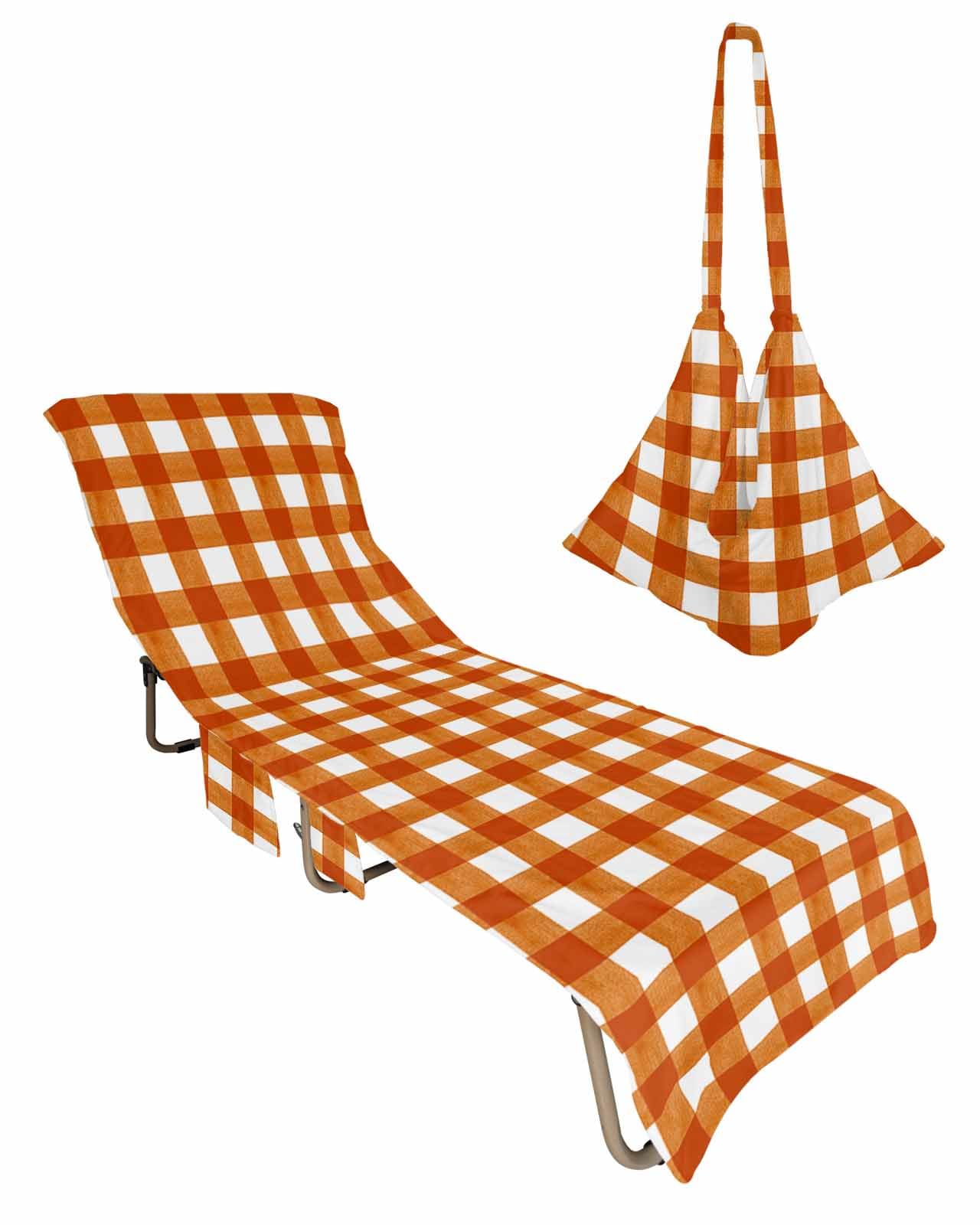 Burnt Orange Beach Chair Towel Covers for Chaise Lounge with Side Pocket, Soft Plush Pool Towels Cover for Patio Sunbathing Outdoor 29''x85'' Buffalo Plaid Checkered Pastoral Country