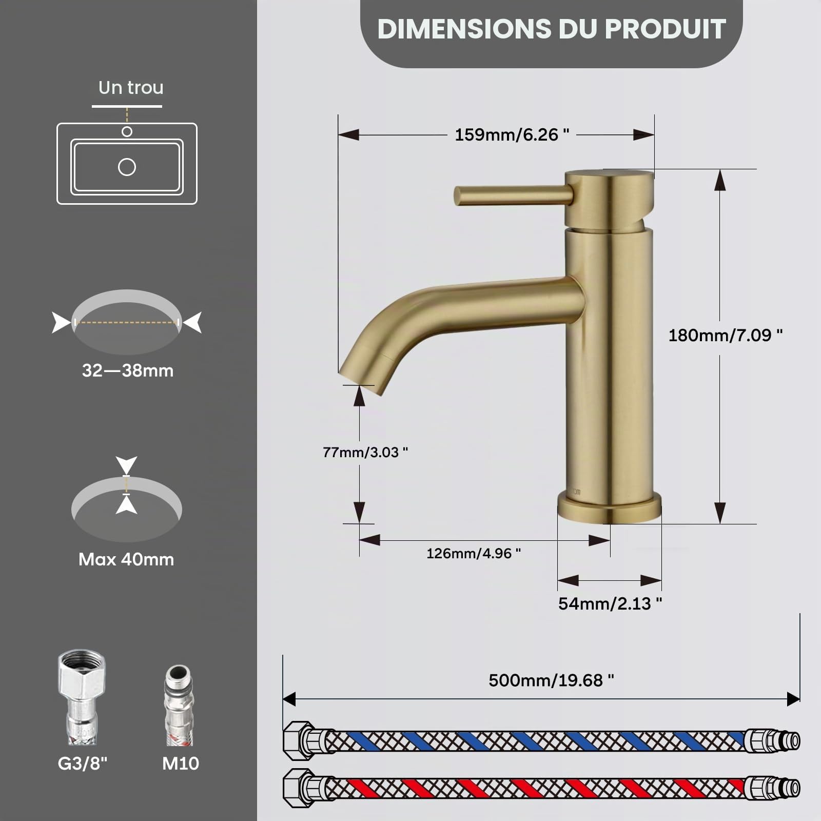 Mitigeur de Lavabo Doré, DETBOM Robinet de Lavabo Réglable Chaud et Froid, Robinet Salle de Bain Monocommande, Acier Inox, Aérateur Amovible, Sans Plomb, Or Brossé