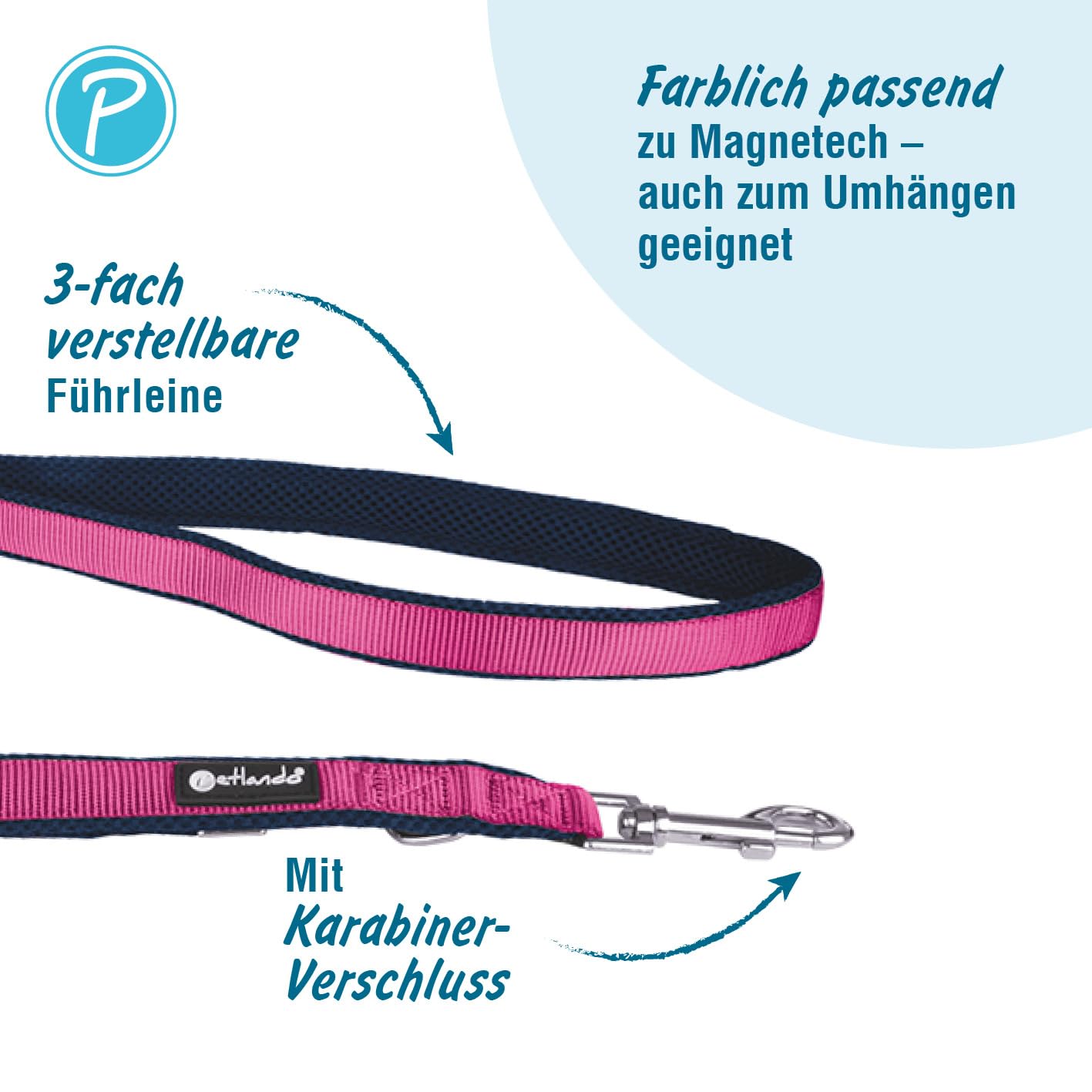 Petlando Hundeleine Magnetech – 3-Fach verstellbare Führleine, Karabiner-Verschluss, besonders leicht, zum Umhängen geeignet – Navy/Fuchsia Größe M 3m x 2,5cm